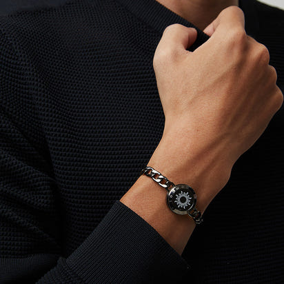 Sun & Moon Touch Bracelets with Figaro Chain (Black+Rose Gold)